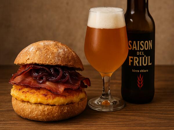 Panino con Frico, speck croccante e cipolla caramellata